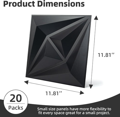 3D Wall Panels for Interior Wall Decor, 3 Layout Options PVC Textured Wall Art Decor for Living Room Bedroom TV Background Gaming Room, 12''X12'', 20 Pcs Black