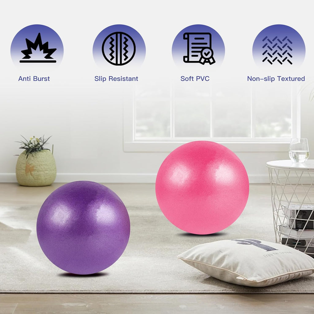 Pilates Ball 2P, 9 Inch Workout Ball for Women Men Kid Toddler, Small Exercise Ball with Pump for Physical Therapy, Stability, Stretching, Barre, Yoga, Core(Pink & Purple)