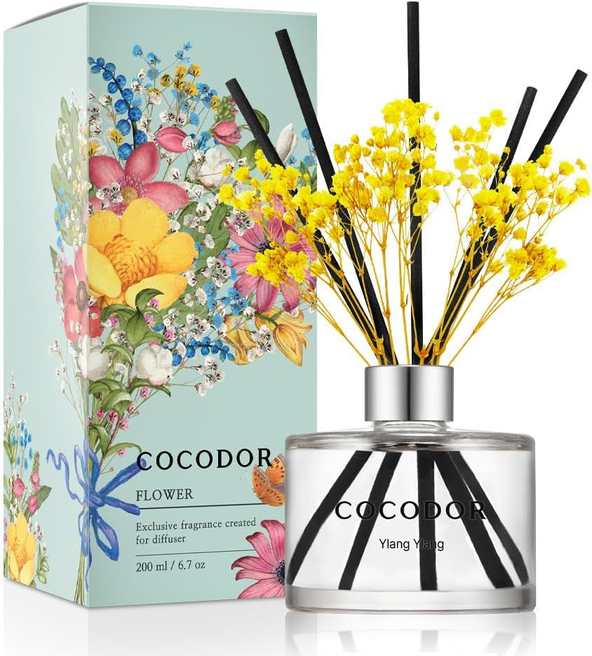 COCODOR Flower Reed Diffuser Set / 6.7Oz / White Jasmine/Scent Diffuser with Sticks Home Fragrance Reed Diffuser for Bathroom Shelf Decor