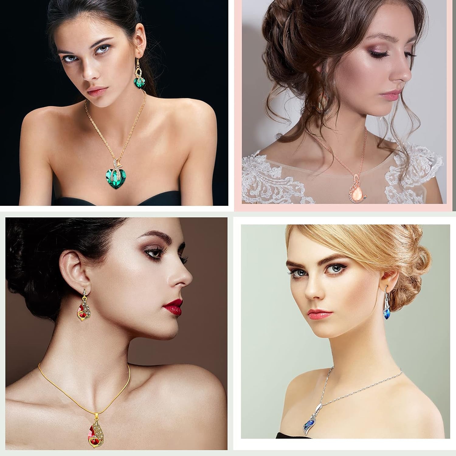 4 Set Peacock Jewelry Sets for Women Crystal Necklace Earrings Rhinestone Waterdrop Pendant Heart Charm Hook Earrings Indian Jewelry Set for Mother'S Gift Valentine'S Gifts Lover Ladies