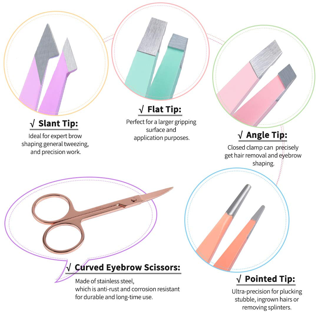 6 Pcs Tweezers Set for Women, Eyebrow Tweezers with Curved Scissor for Ingrown Hair, Hair Plucking Daily Beauty Tools with Leather Travel Case