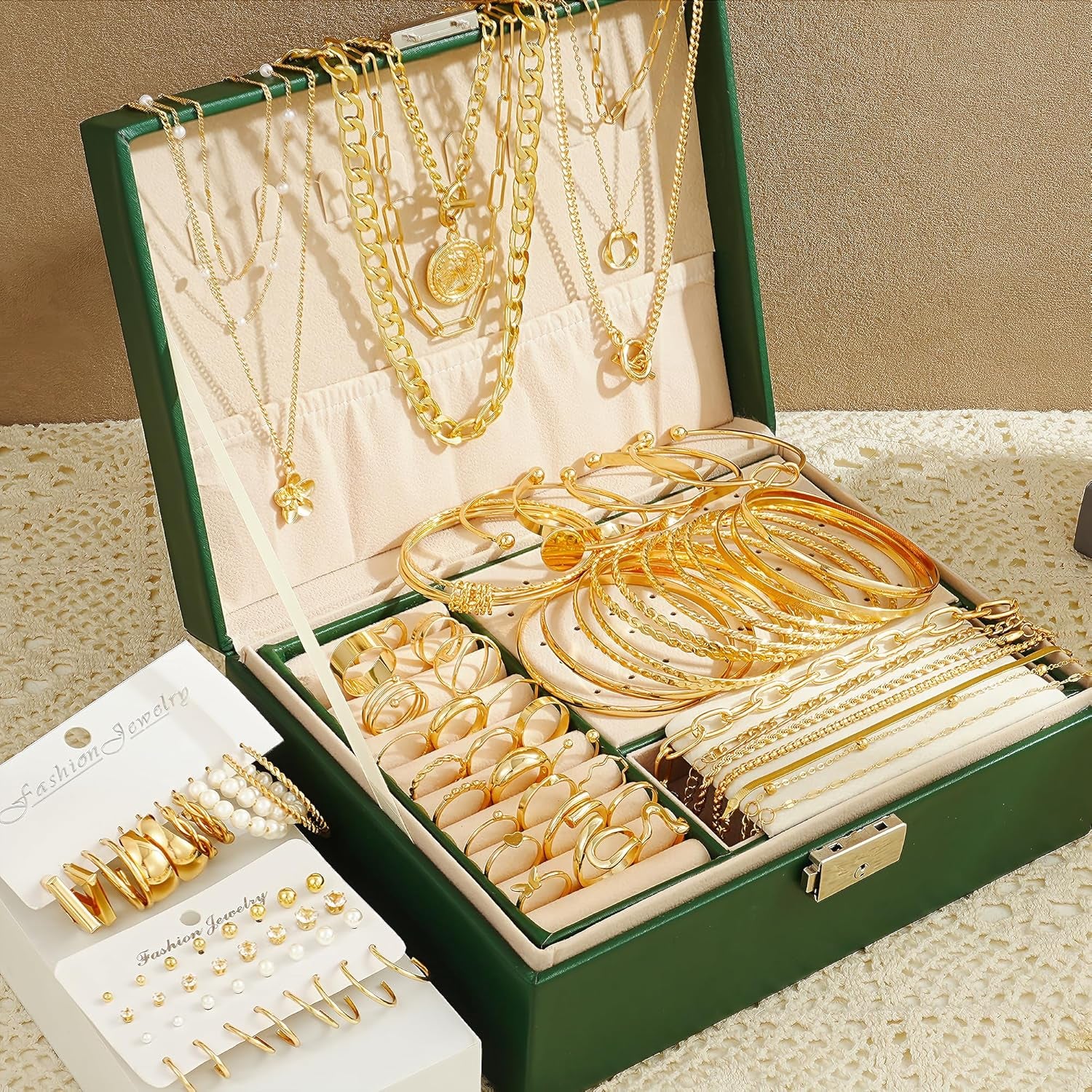 78 Pieces Gold Jewelry Set for Women, 9 Necklace, 24 Bracelet, 22 Earrings, 23 Knuckle Rings Gold Plated Jewerly Set for Women Gift