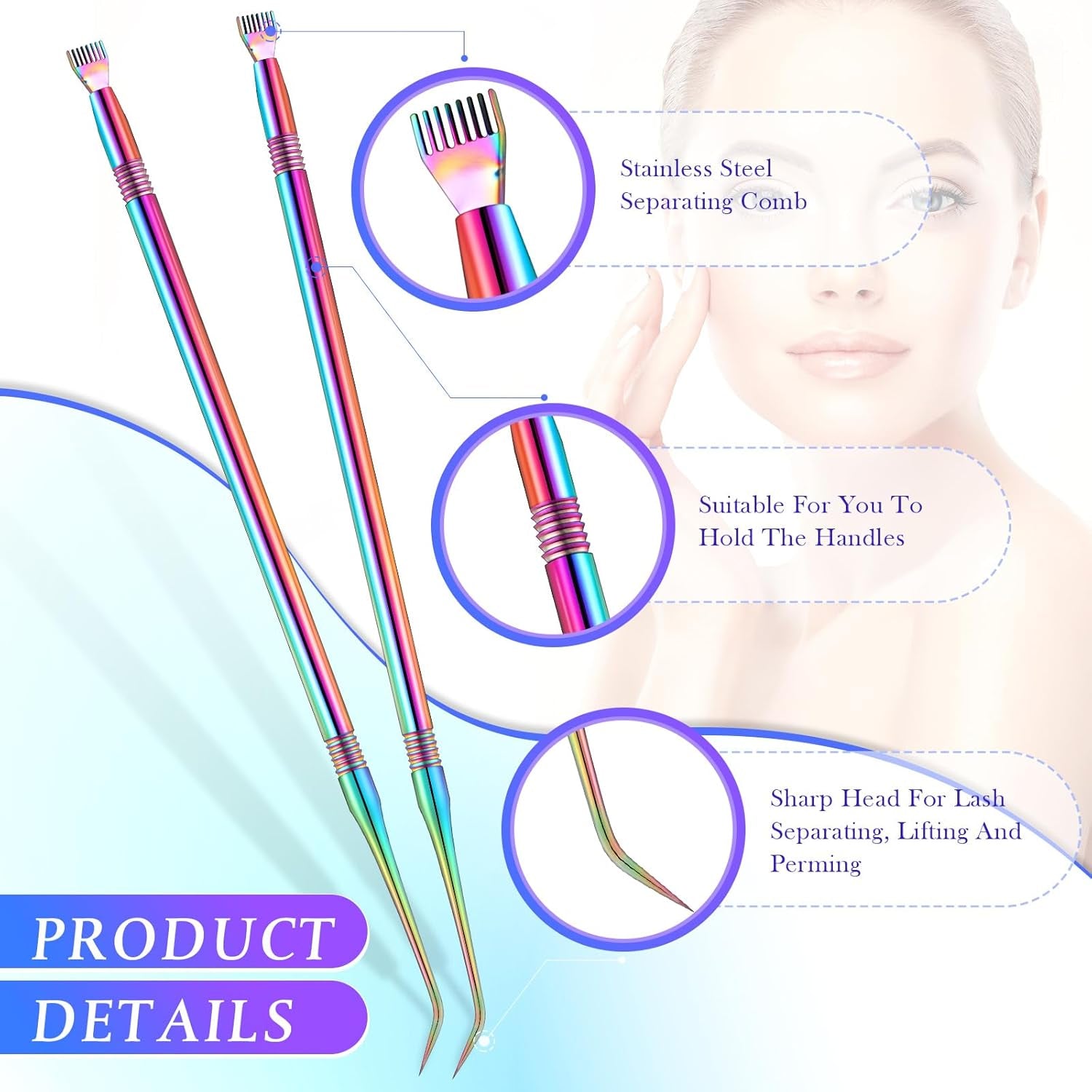 2 Pcs Lash Lift Tool, Lash Separator Tint Stainless Steel Metal Lift Rods Beauty Tool with Comb for Eyelash Eyebrow Perming Tinting Curling Extensions Supplies(Multi Color)