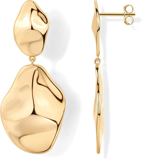 14K Gold Plated 925 Sterling Silver Posts Teardrop Statement Dangle Earrings | Lightweight Hammered Drop Dangle Earrings for Women