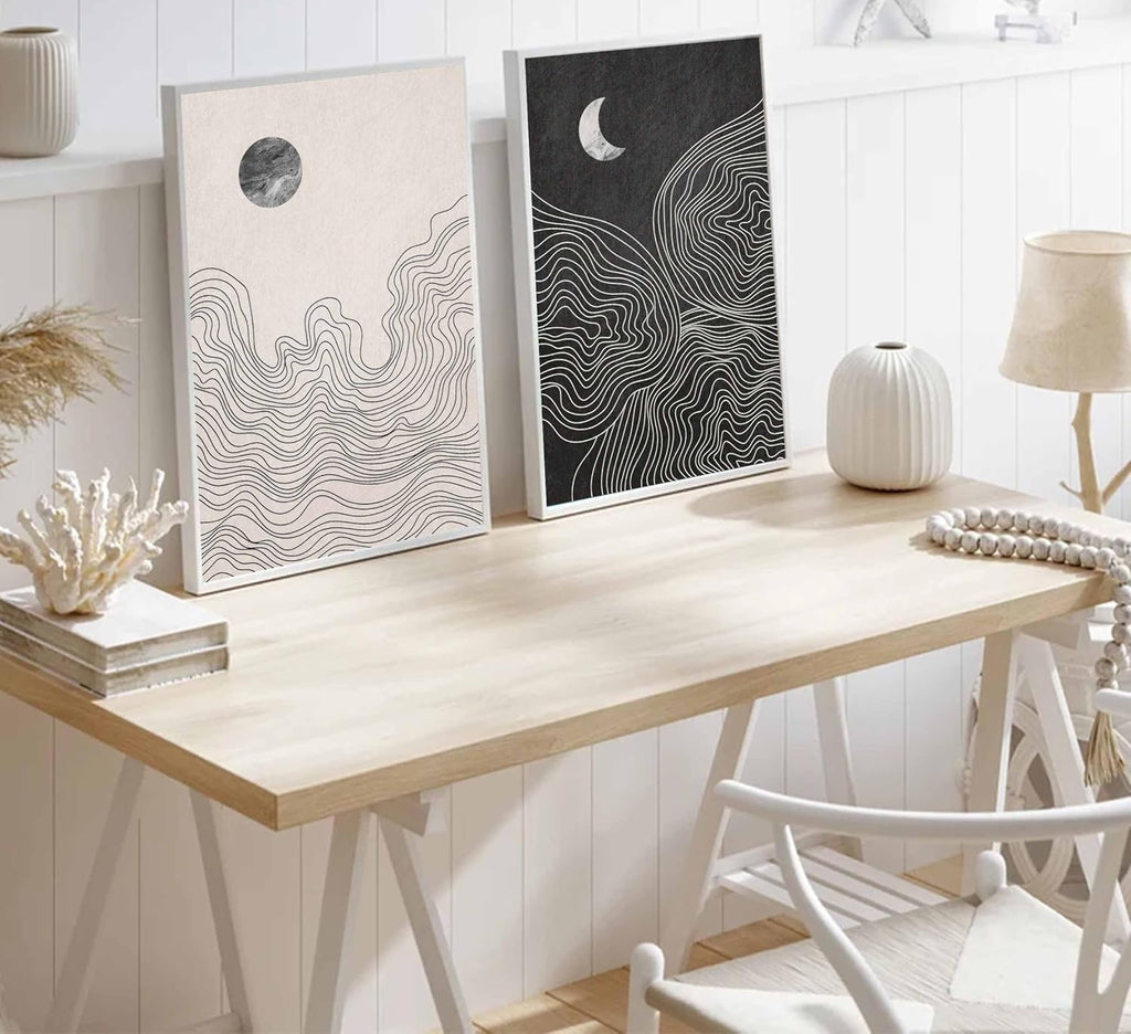 2 Pcs Modern Minimalist Boho Canvas Wall Art Neutral Black and White Abstract Sun and Moon Lines Paintings Pictures Wall Decor Poster Print Artwork for Living Room Bedroom Home Decoration Unframed