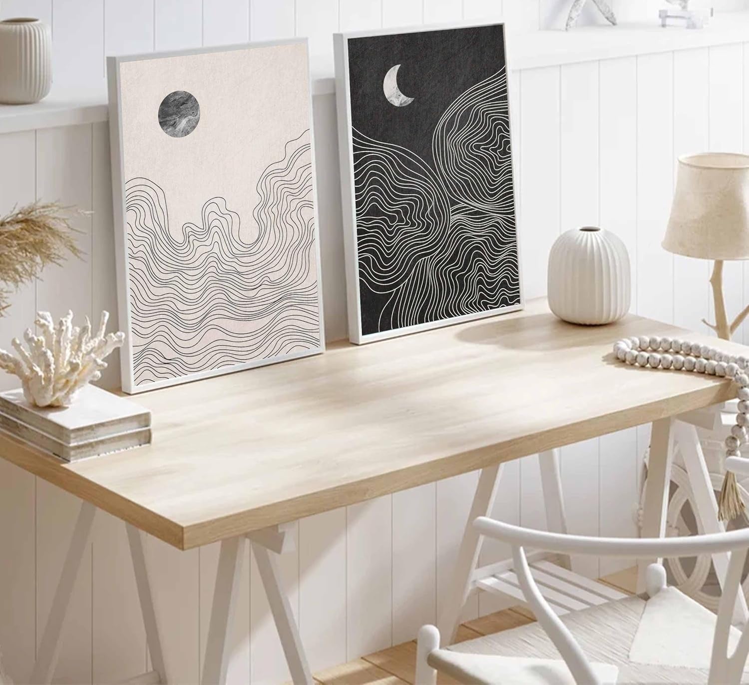 2 Pcs Modern Minimalist Boho Canvas Wall Art Neutral Black and White Abstract Sun and Moon Lines Paintings Pictures Wall Decor Poster Print Artwork for Living Room Bedroom Home Decoration Unframed