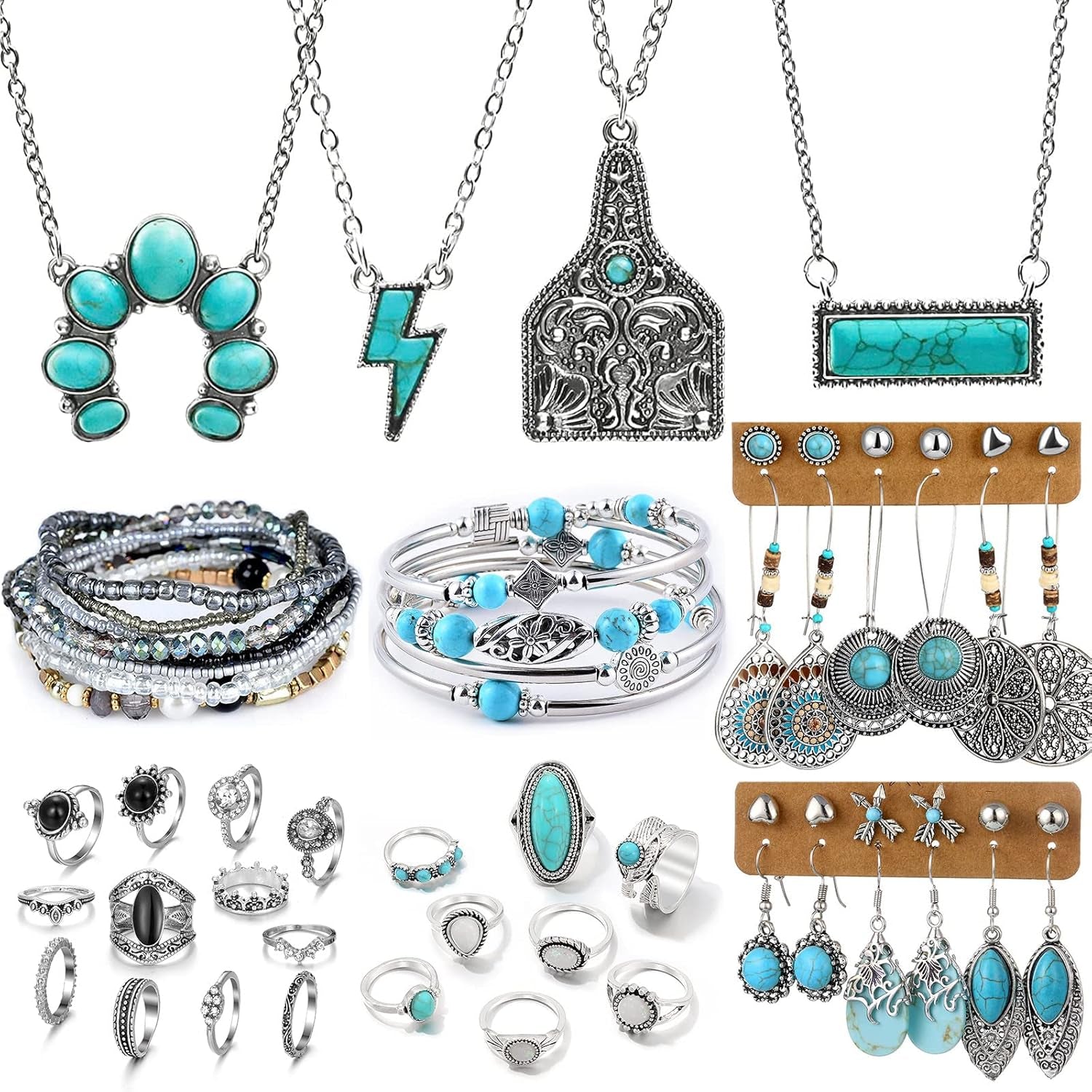 Bohemian Jewelry Set with Turquoise Necklace, Dangle Earrings, Stackable Bangle Bracelets, Knuckle Rings for Women Vintage Western Boho Turquoise Anniversary Birthday Friendship Gift